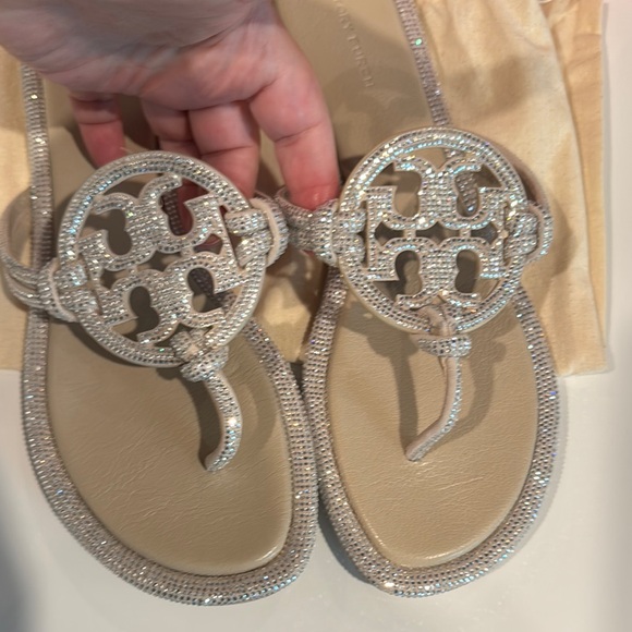 Tory Burch Pave Miller Crystal Metallic Cream/Silver Sandals Size 10 - Picture 2 of 8